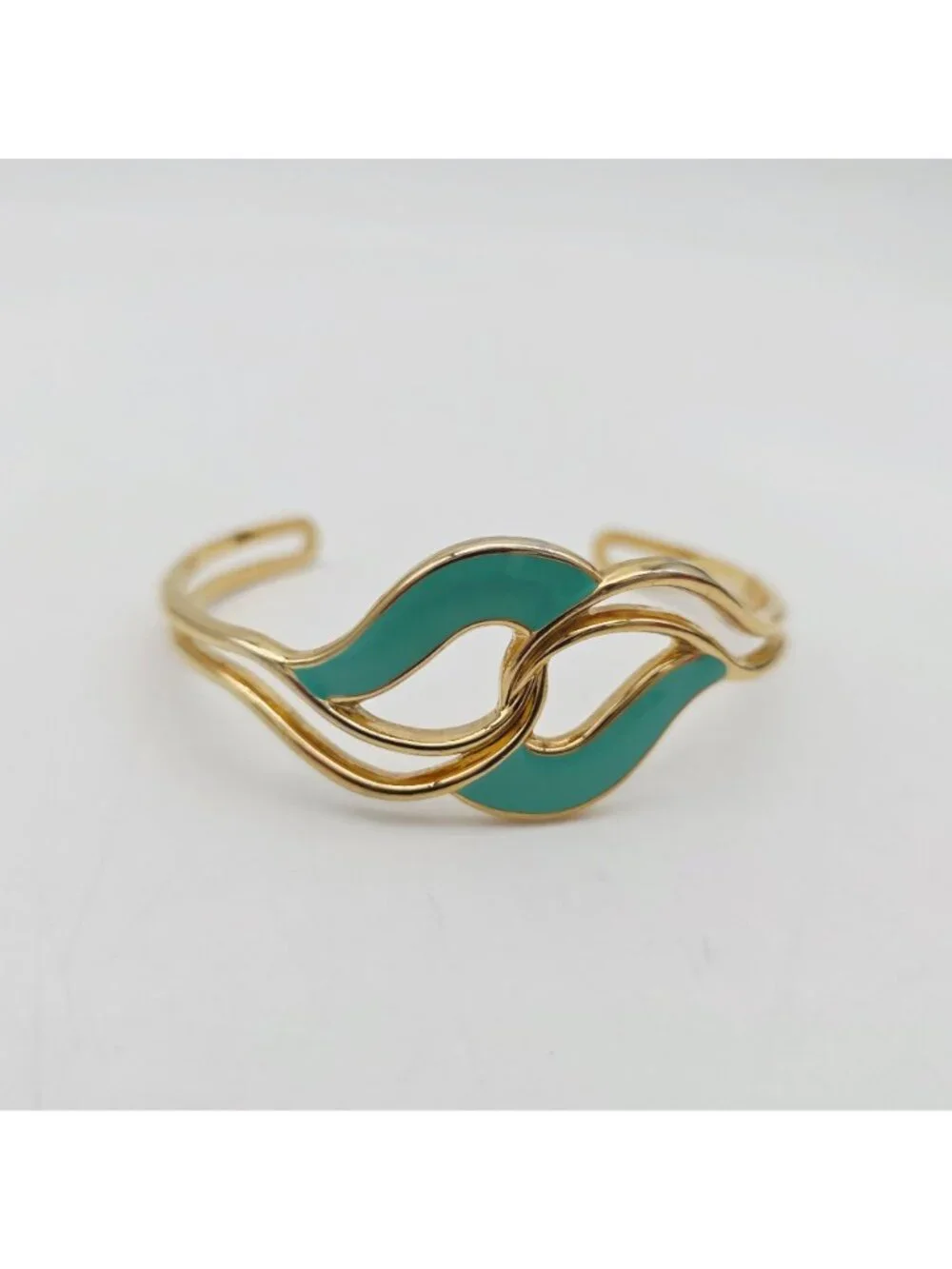 Gold-Tone Open Cuff Bracelet With Mint Green Enamel Wave Design - Picture 6 of 6